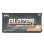 Blazer Ammunition box containing 50 brass-case centerfire cartridges