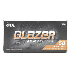 Blazer Ammunition box containing 50 brass-case centerfire cartridges
